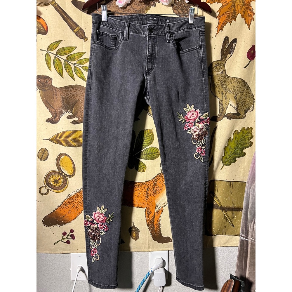 Miss Me Skinny Jeans Womens 28 Black Good Floral Embroidered Sequin Denim